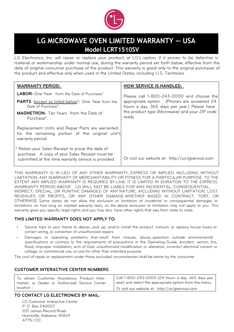 Lg microwave oven limited warranty — usa, Model lcrt1510sv | LG LCRT1510SV User Manual | Page 28 / 29