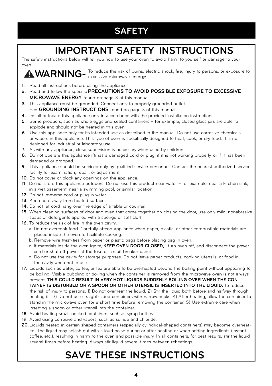 Save these instructions, Import ant safety instructions, Warning | Safety | LG LCRT1510SV User Manual | Page 4 / 29