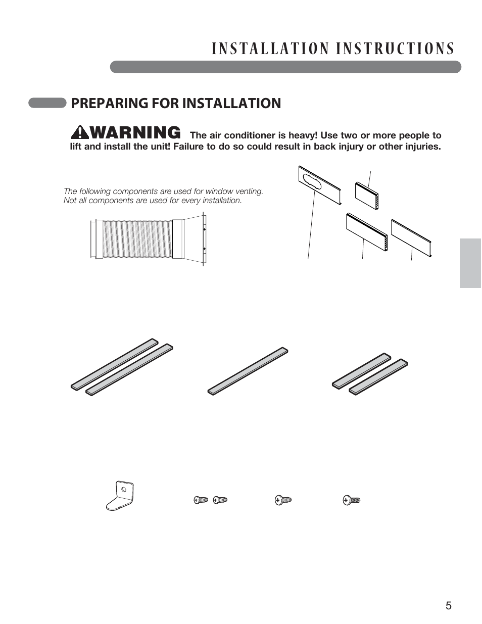 Warning, Preparing for installation, English | LG LP1213GXR User Manual | Page 15 / 28