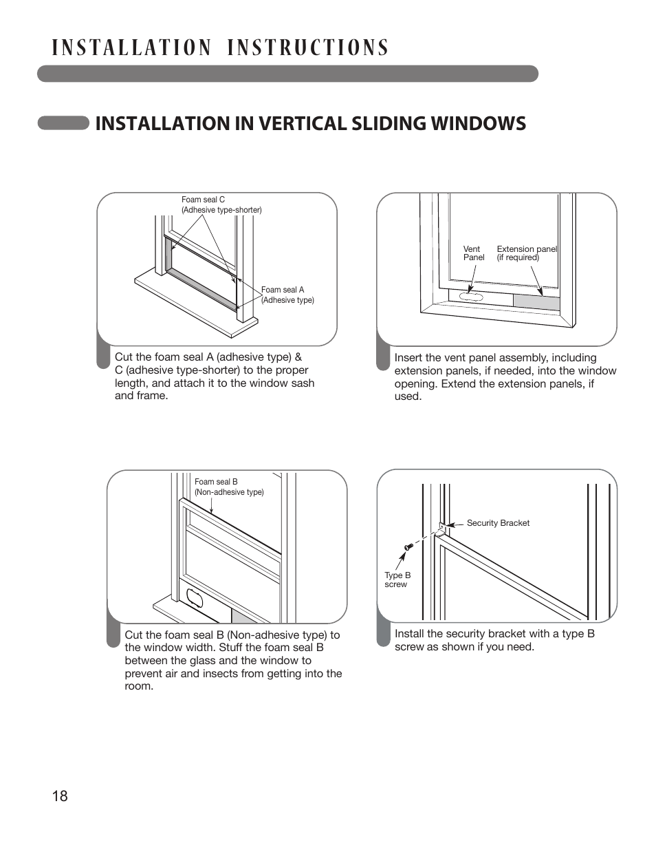 Installation in vertical sliding windows | LG LP1213GXR User Manual | Page 18 / 28