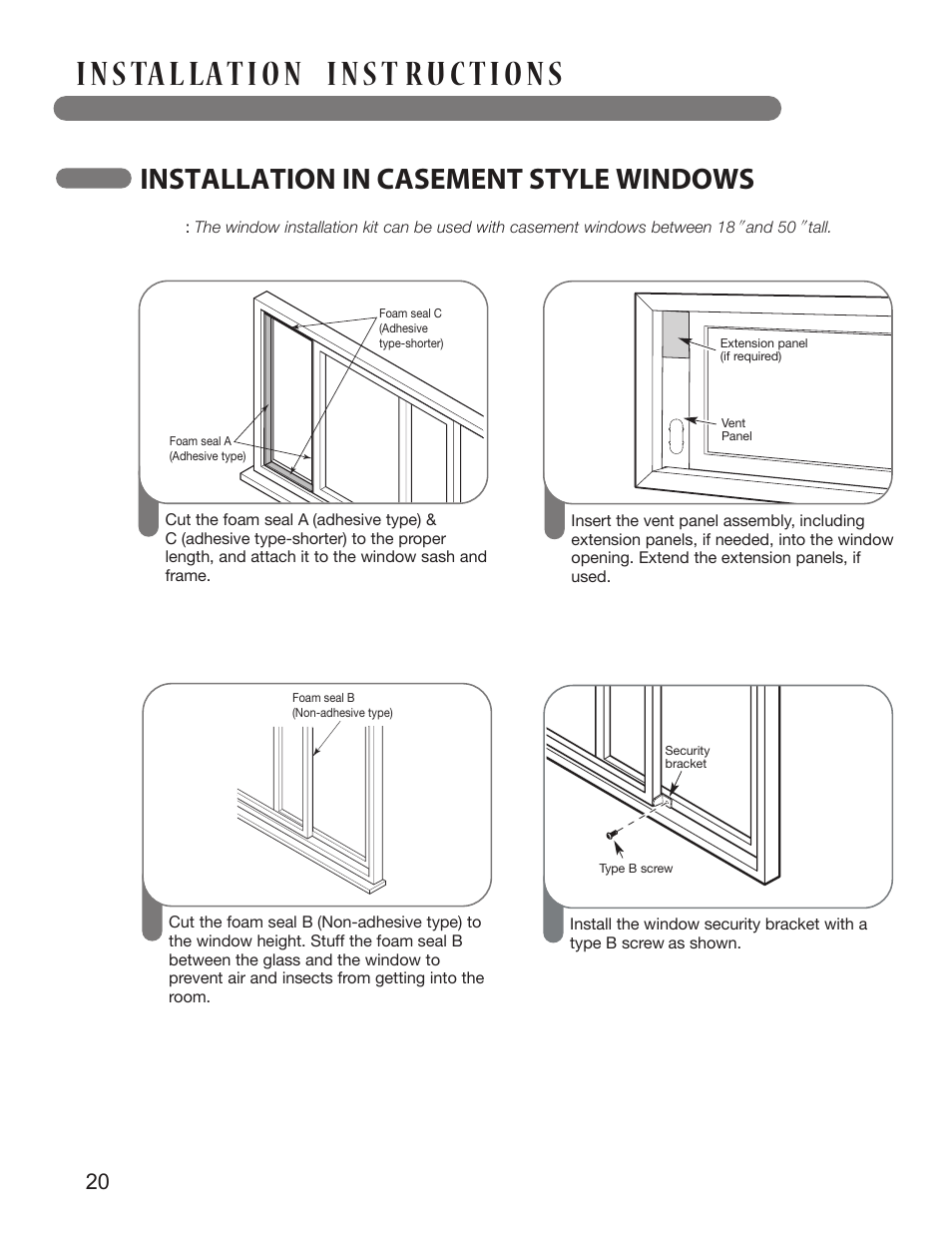 Installation in casement style windows | LG LP1213GXR User Manual | Page 20 / 28