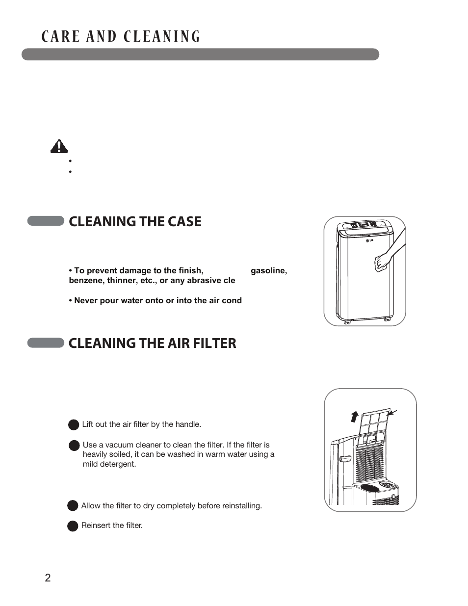 Warning, Cleaning the case, Cleaning the air filter | LG LP1213GXR User Manual | Page 22 / 28