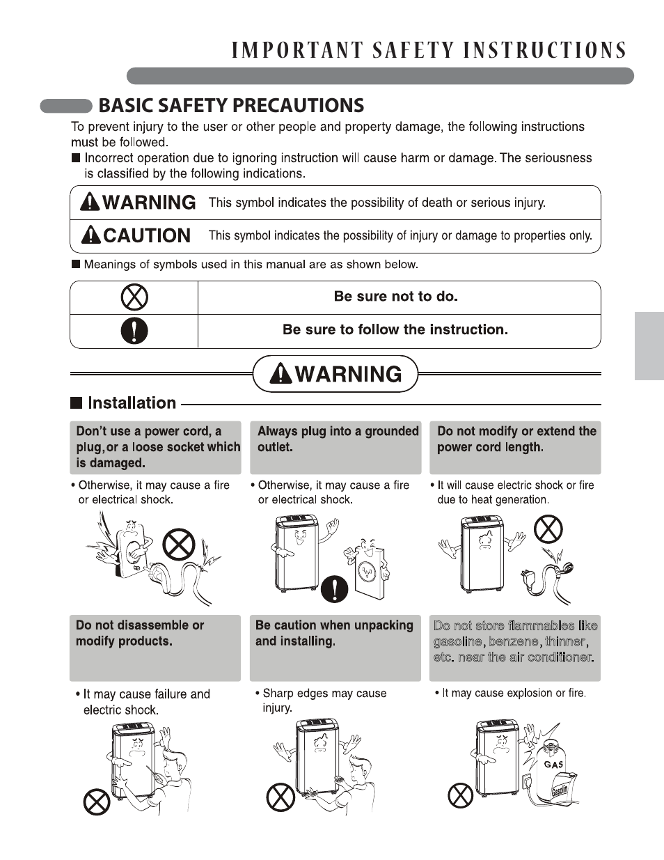 Basic safety precautions | LG LP1213GXR User Manual | Page 3 / 28