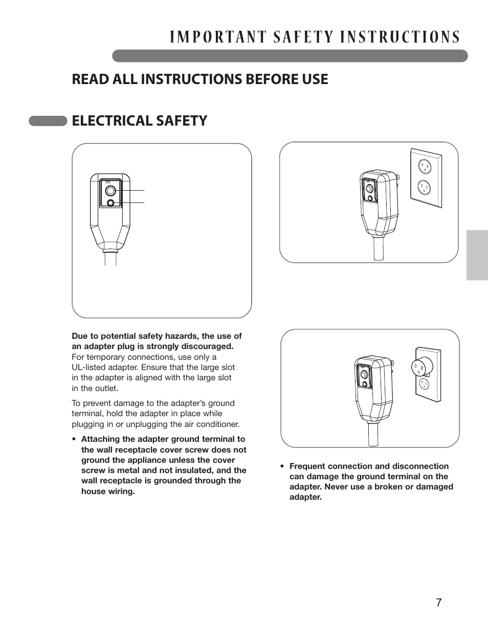 Save these instructions, Read all instructions before use, Electrical safety | 7english | LG LP1213GXR User Manual | Page 7 / 28