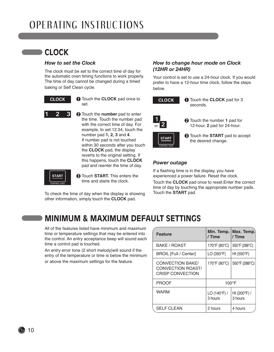 Clock, Minimum & maximum default settings | LG LWS3010ST User Manual | Page 10 / 76