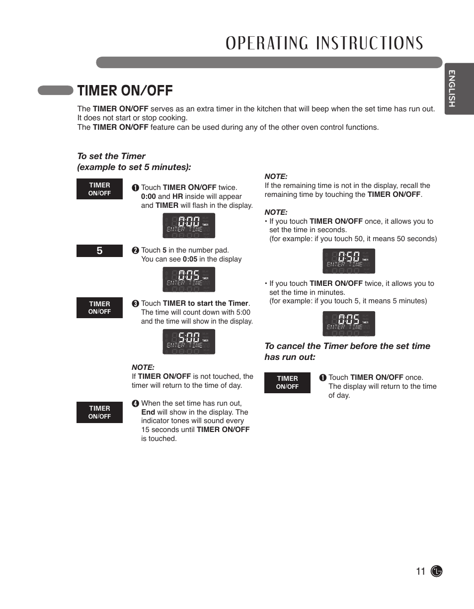 Timer on/off | LG LWS3010ST User Manual | Page 11 / 76