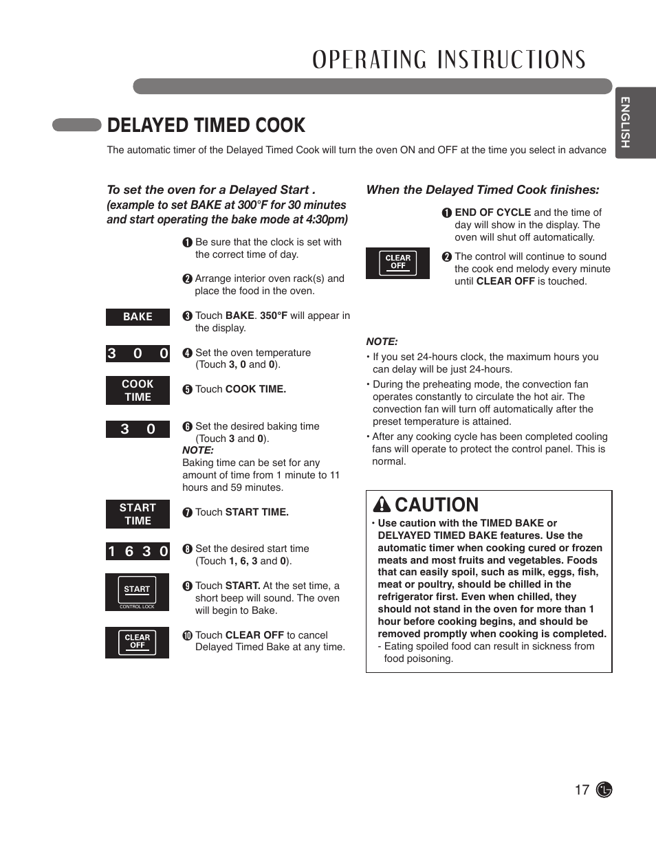 Delayed timed cook, Caution | LG LWS3010ST User Manual | Page 17 / 76