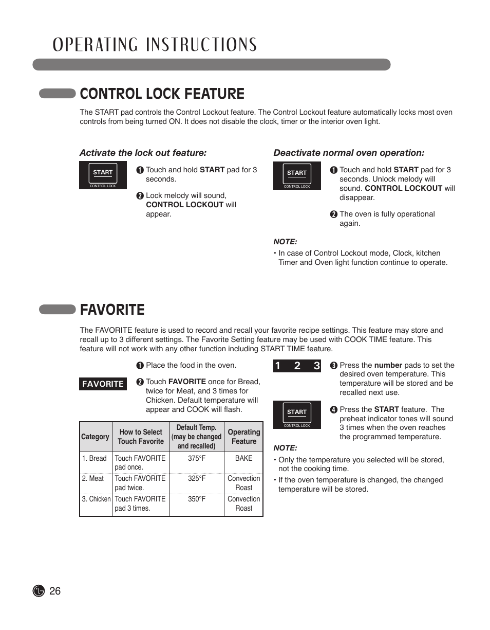 Control lock feature, Favorite | LG LWS3010ST User Manual | Page 26 / 76