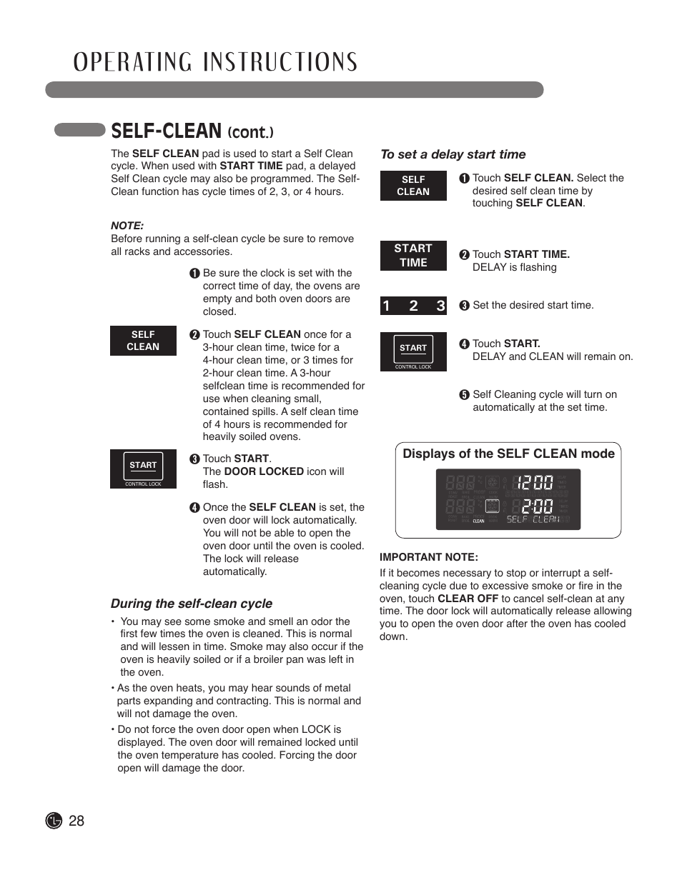 Self-clean, Cont.), During the self-clean cycle | LG LWS3010ST User Manual | Page 28 / 76