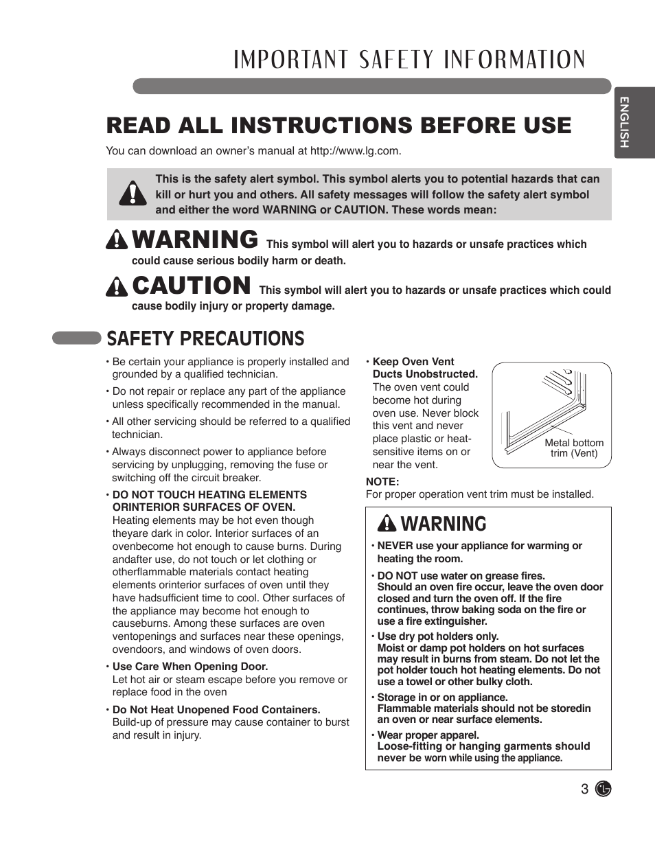 Warning, Caution, Read all instructions before use | Safety precautions | LG LWS3010ST User Manual | Page 3 / 76