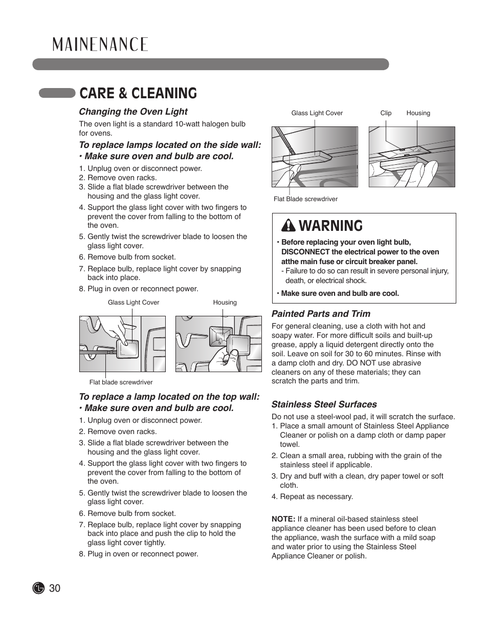 Care & cleaning, Warning | LG LWS3010ST User Manual | Page 30 / 76