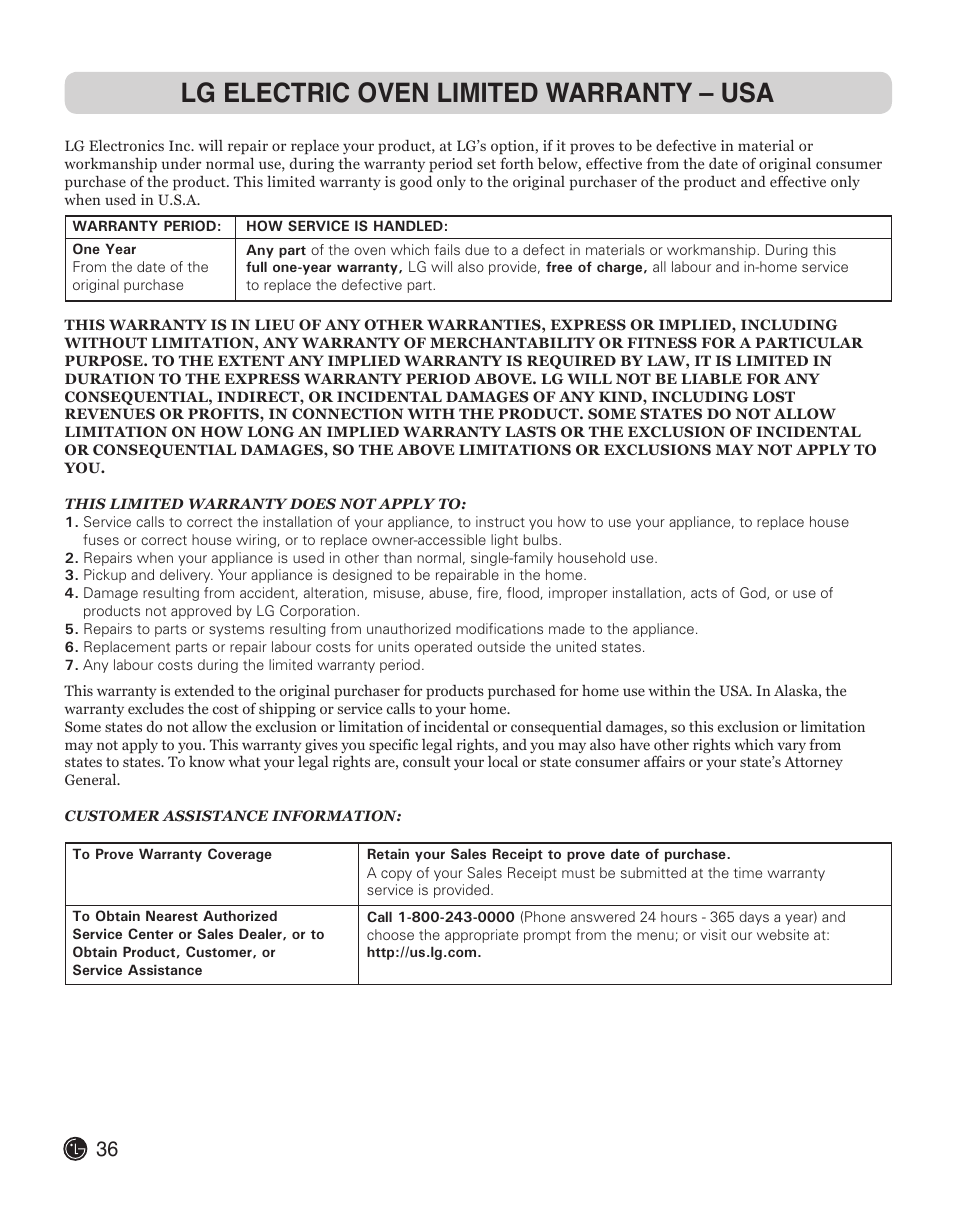 Lg electric oven limited warranty – usa | LG LWS3010ST User Manual | Page 36 / 76