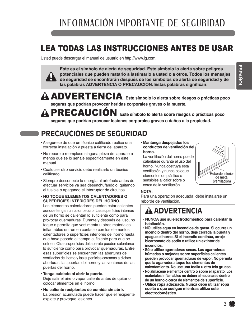 Información importante de seguridad, Advertencia, Precaución | Lea todas las instrucciones antes de usar, Precauciones de seguridad | LG LWS3010ST User Manual | Page 39 / 76