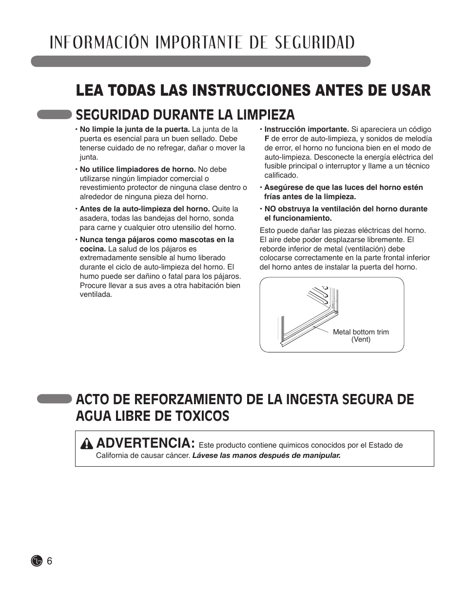 Información importante de seguridad, Lea todas las instrucciones antes de usar, Advertencia | LG LWS3010ST User Manual | Page 42 / 76