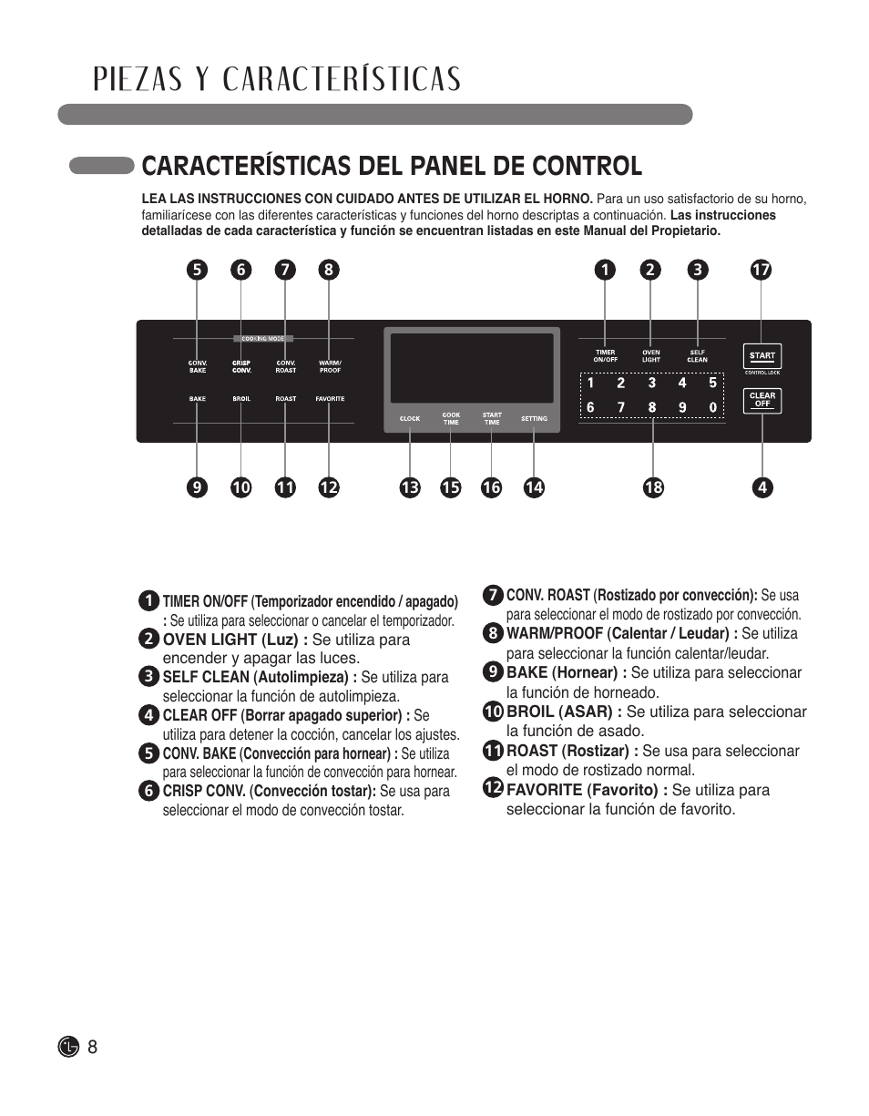 Piezas y características, Características del panel de control | LG LWS3010ST User Manual | Page 44 / 76