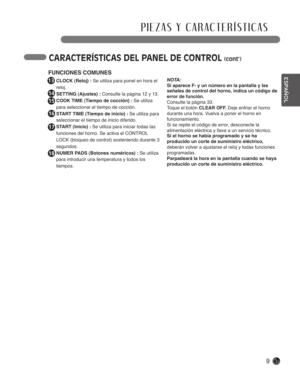 Piezas y características, Características del panel de control | LG LWS3010ST User Manual | Page 45 / 76