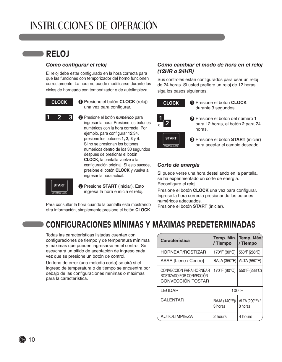 Instrucciones de operación, Reloj, Configuraciones mínimas y máximas predeterminadas | LG LWS3010ST User Manual | Page 46 / 76