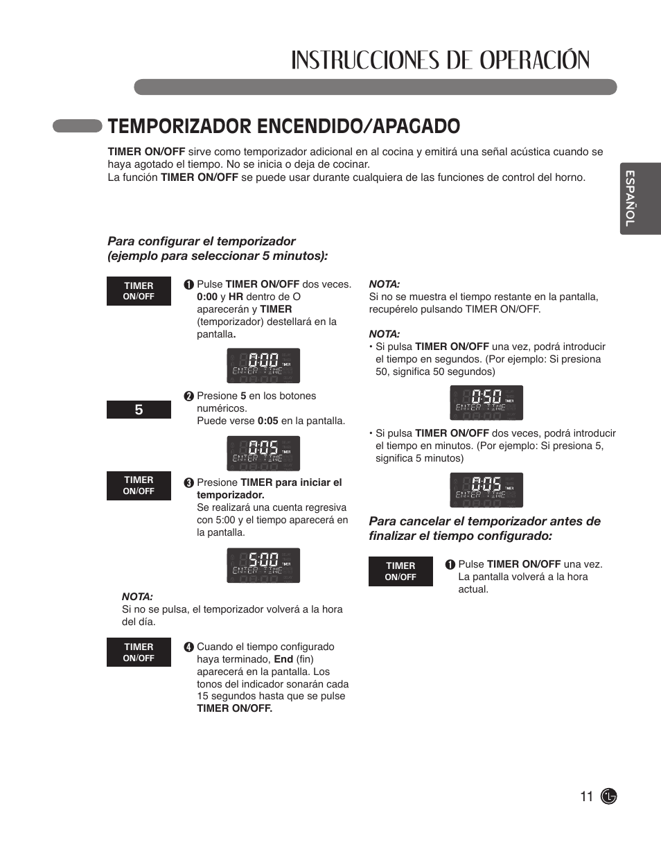 Instrucciones de operación, Temporizador encendido/apagado | LG LWS3010ST User Manual | Page 47 / 76