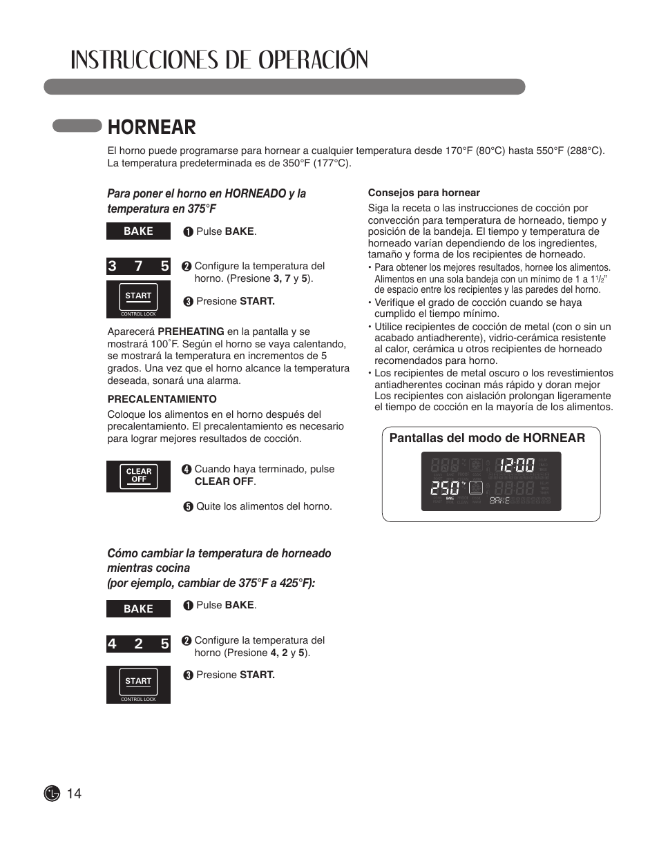 Instrucciones de operación, Hornear | LG LWS3010ST User Manual | Page 50 / 76