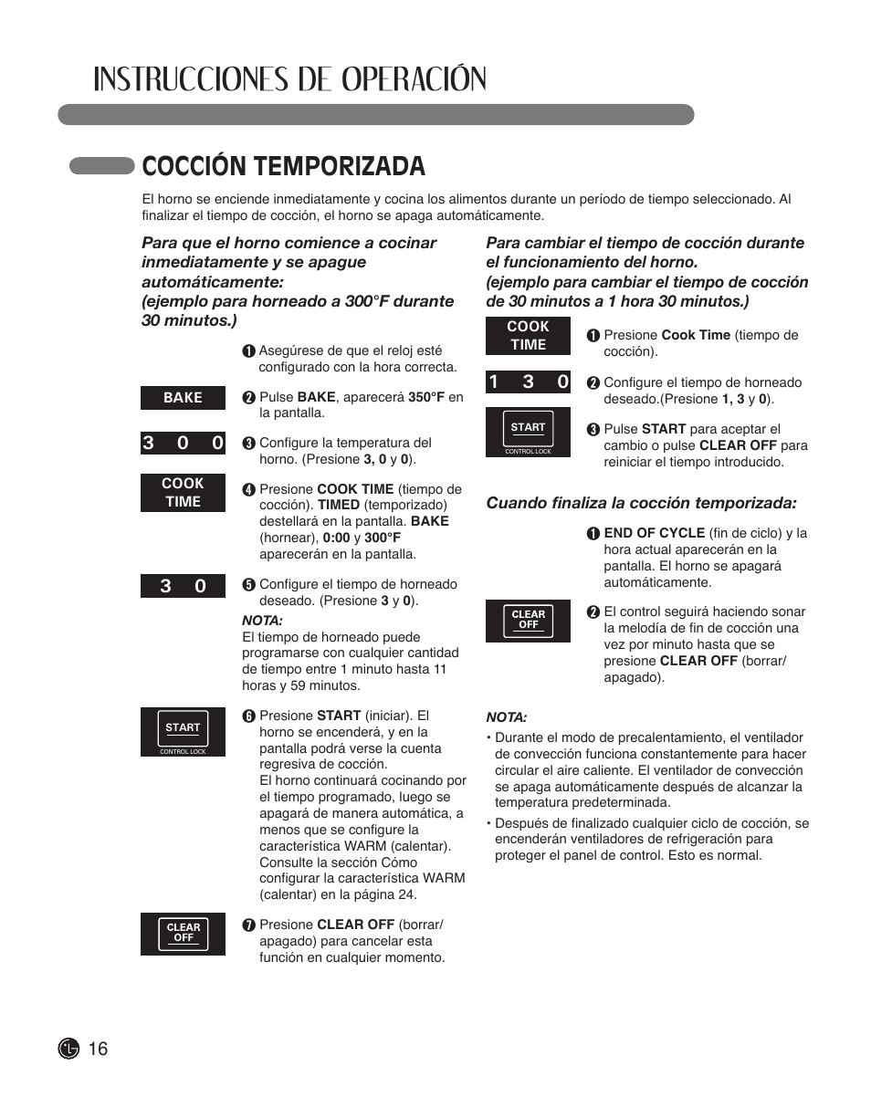 Instrucciones de operación, Cocción temporizada | LG LWS3010ST User Manual | Page 52 / 76