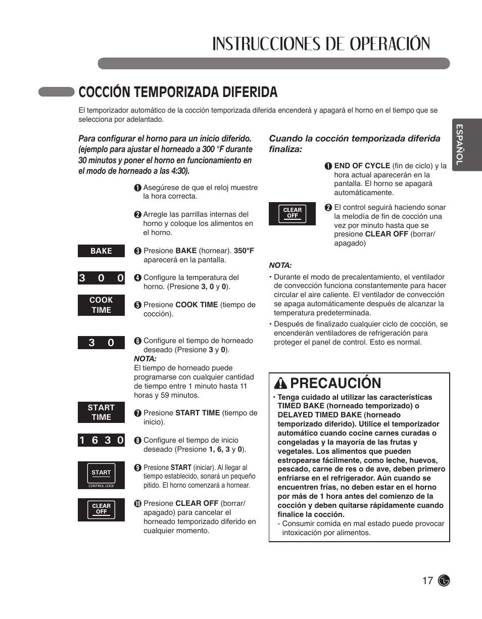 Instrucciones de operación, Cocción temporizada diferida, Precaución | LG LWS3010ST User Manual | Page 53 / 76