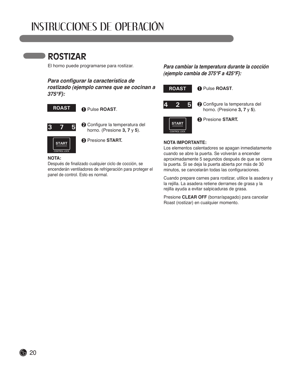 Instrucciones de operación, Rostizar | LG LWS3010ST User Manual | Page 56 / 76