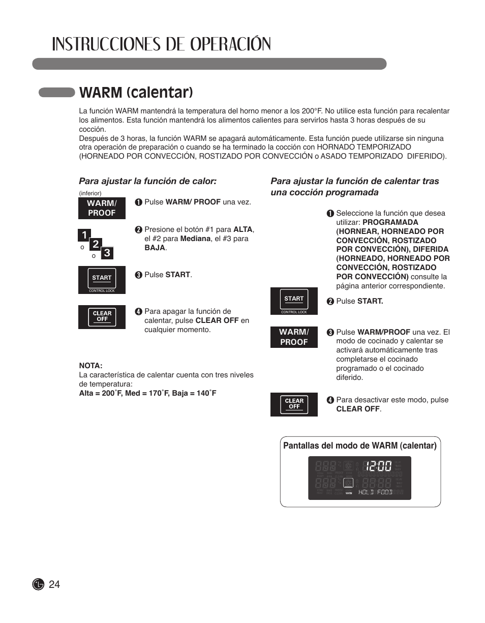 Instrucciones de operación, Warm (calentar) | LG LWS3010ST User Manual | Page 60 / 76