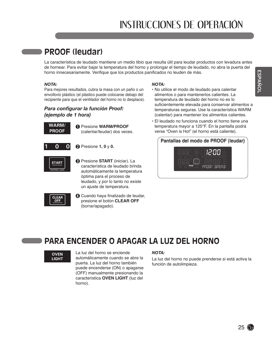 Instrucciones de operación, Proof (leudar), Para encender o apagar la luz del horno | LG LWS3010ST User Manual | Page 61 / 76