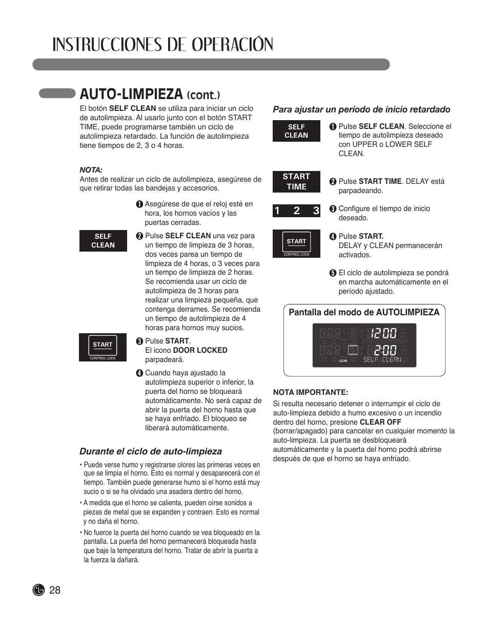 Instrucciones de operación, Auto-limpieza, Cont.) | Durante el ciclo de auto-limpieza | LG LWS3010ST User Manual | Page 64 / 76