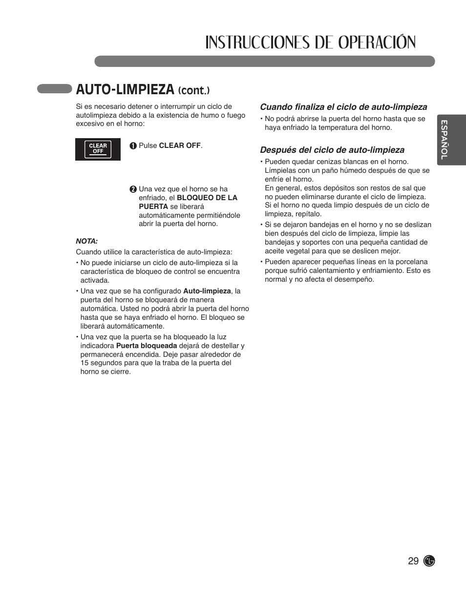 Instrucciones de operación, Auto-limpieza, Cont.) | LG LWS3010ST User Manual | Page 65 / 76