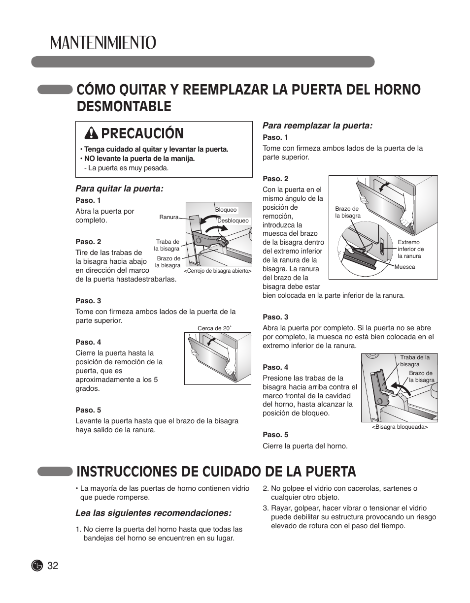 Mantenimiento, Precaución, Para reemplazar la puerta | Lea las siguientes recomendaciones, Para quitar la puerta | LG LWS3010ST User Manual | Page 68 / 76