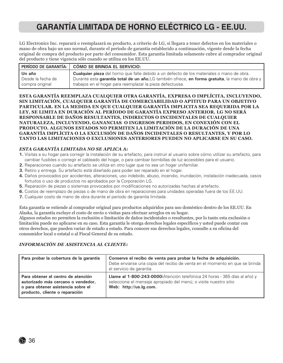 Garantía limitada de horno eléctrico lg - ee.uu | LG LWS3010ST User Manual | Page 72 / 76