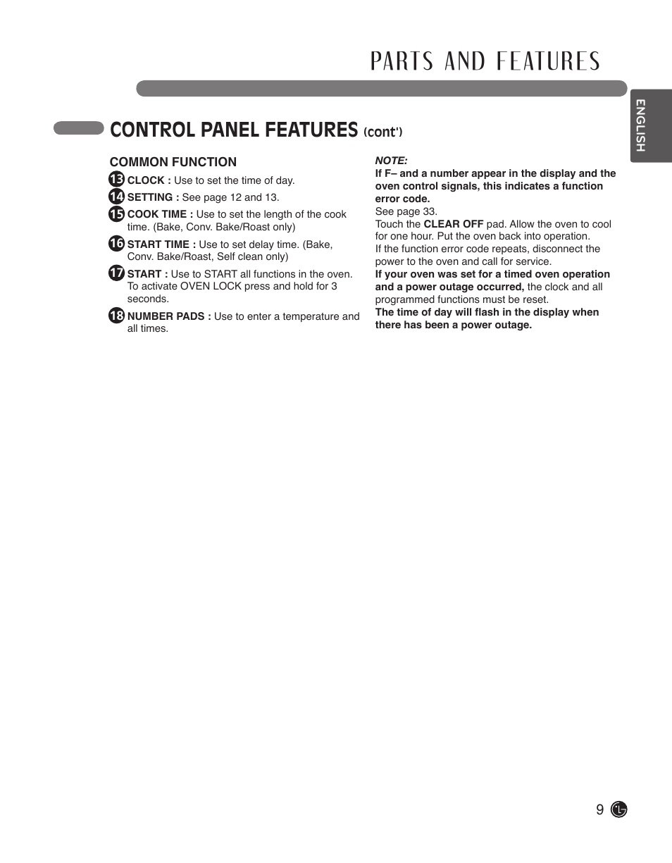 Control panel features | LG LWS3010ST User Manual | Page 9 / 76