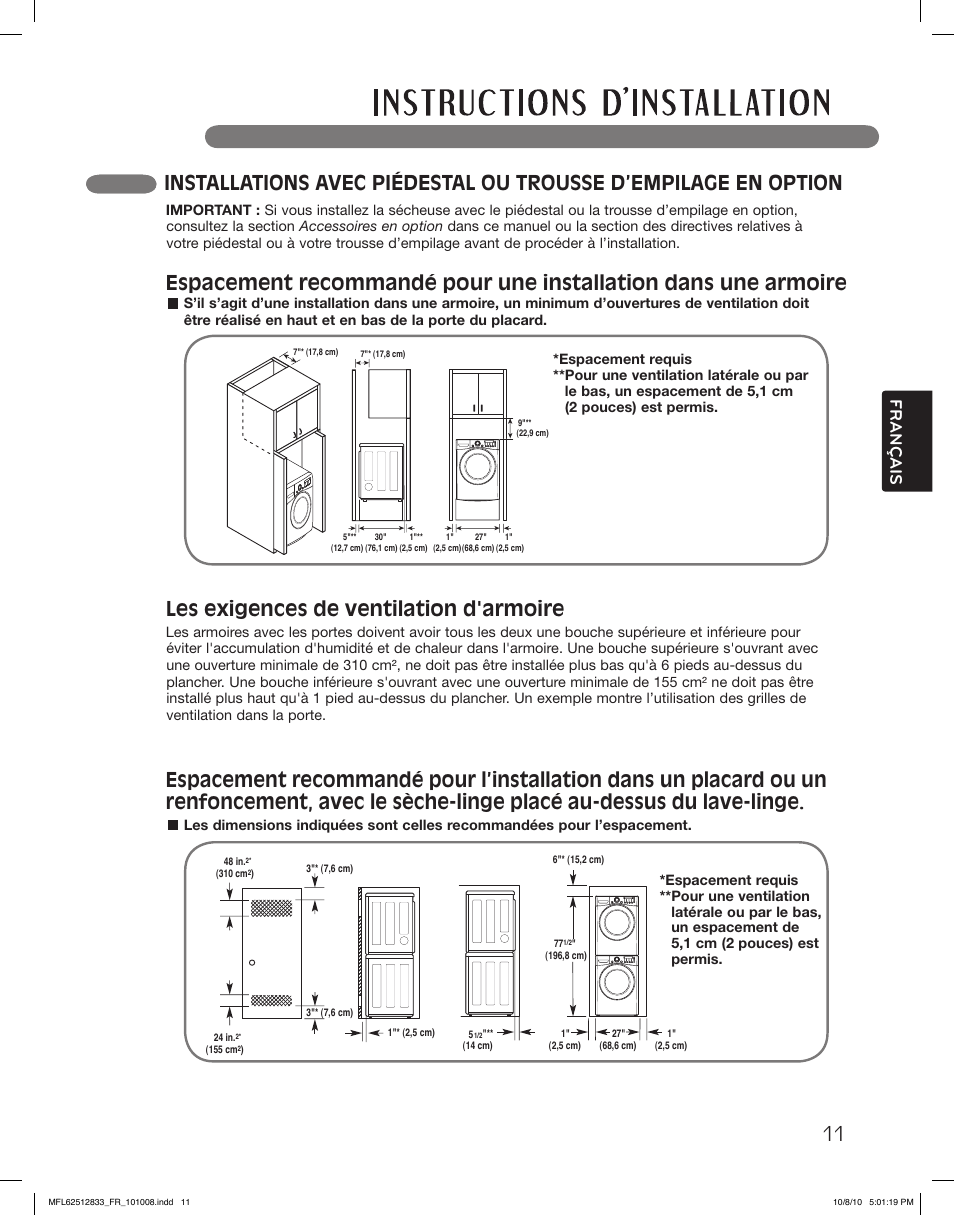 Les exigences de ventilation d'armoire, Français | LG DLGX3361R User Manual | Page 107 / 148