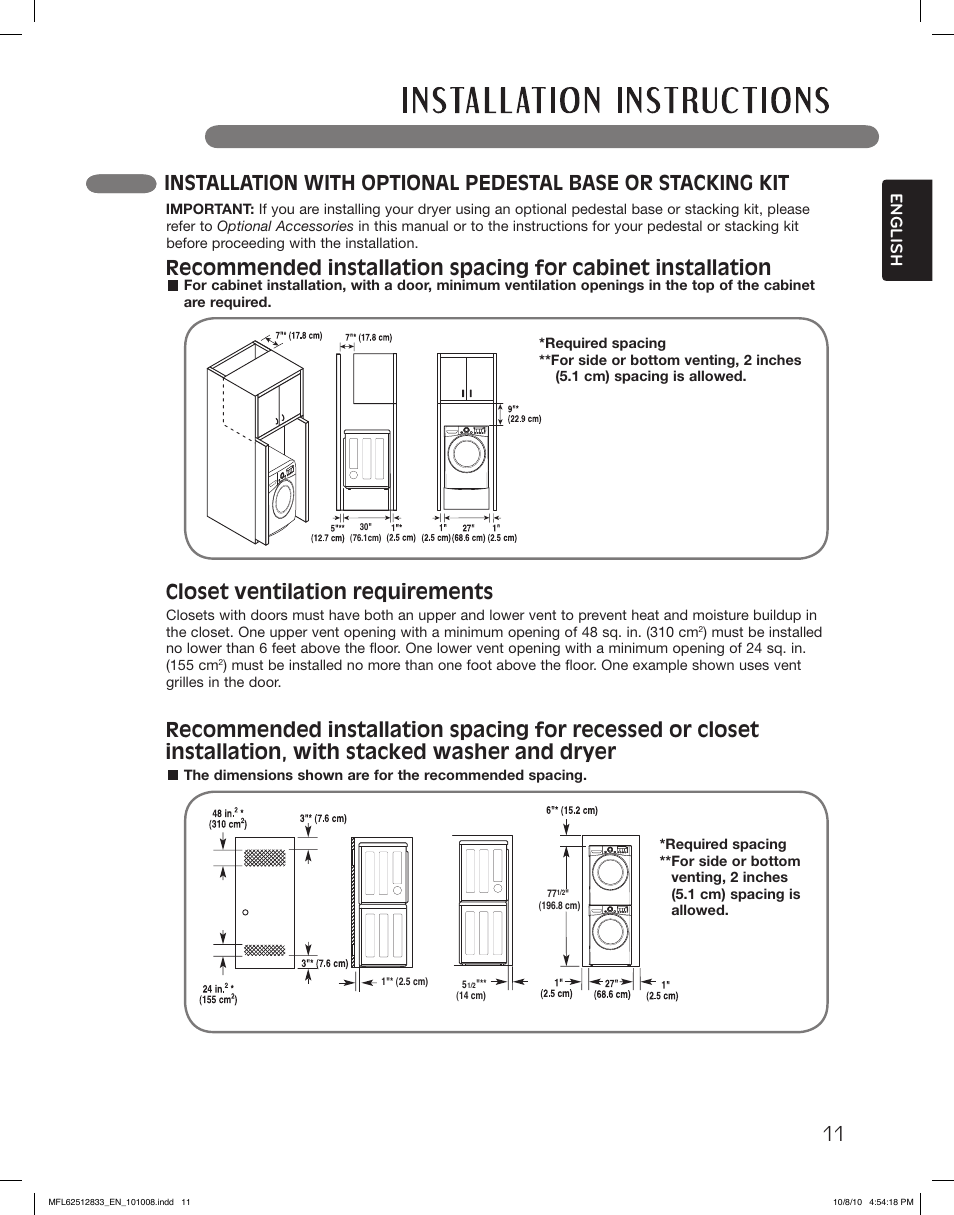 Closet ventilation requirements, English | LG DLGX3361R User Manual | Page 11 / 148