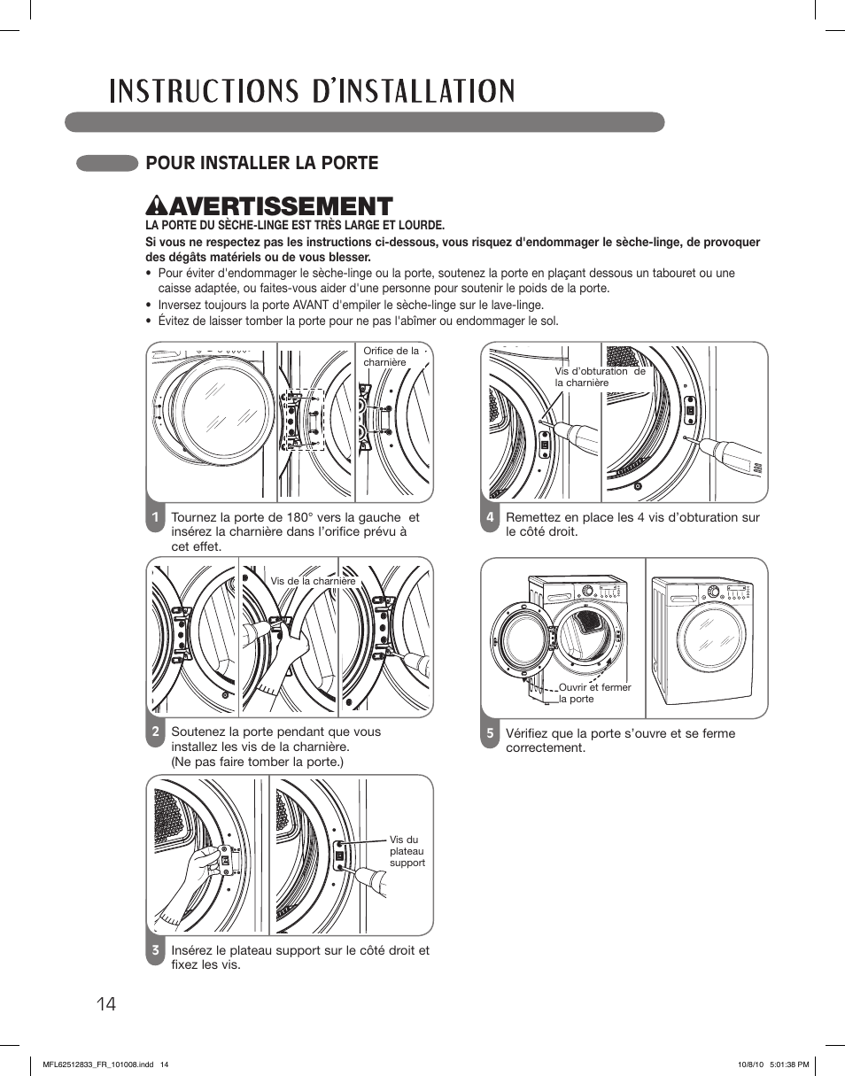 Wavertissement, Pour installer la porte | LG DLGX3361R User Manual | Page 110 / 148