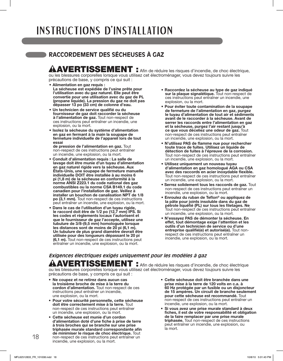 Wavertissement, 18 raccordement des sécheuses à gaz | LG DLGX3361R User Manual | Page 114 / 148