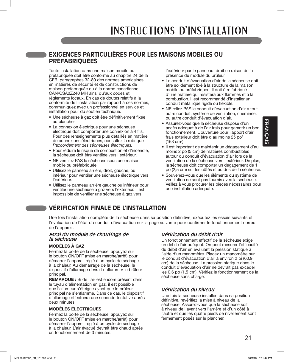 Vérification finale de l’installation | LG DLGX3361R User Manual | Page 117 / 148