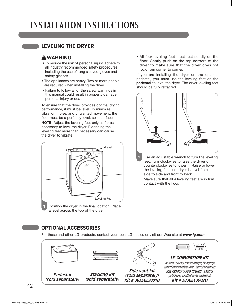 Leveling the dryer, Optional accessories, Warning | LG DLGX3361R User Manual | Page 12 / 148