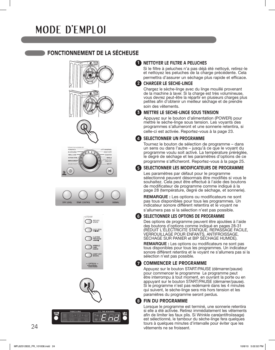 Fonctionnement de la sécheuse | LG DLGX3361R User Manual | Page 120 / 148