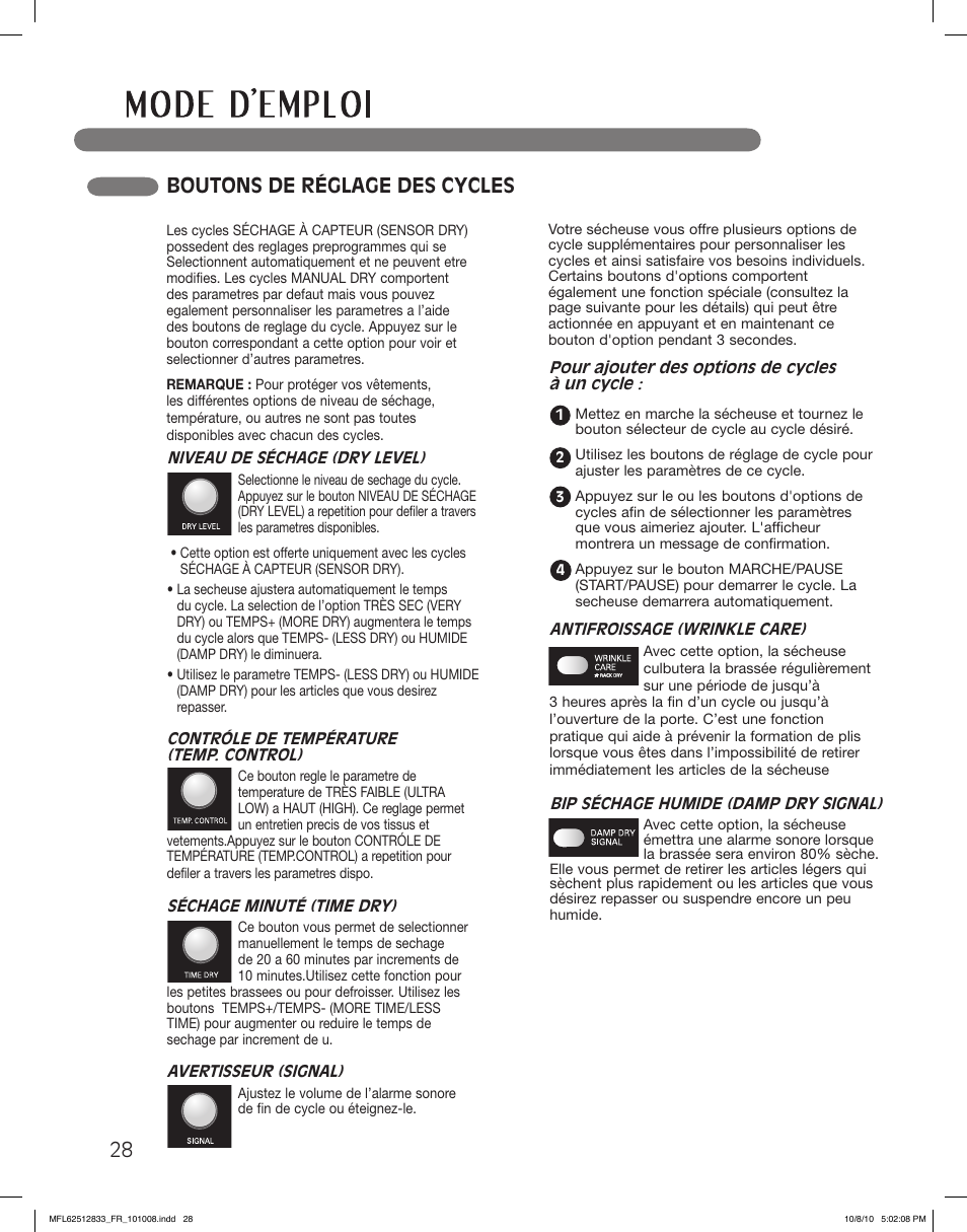 Boutons de réglage des cycles | LG DLGX3361R User Manual | Page 124 / 148