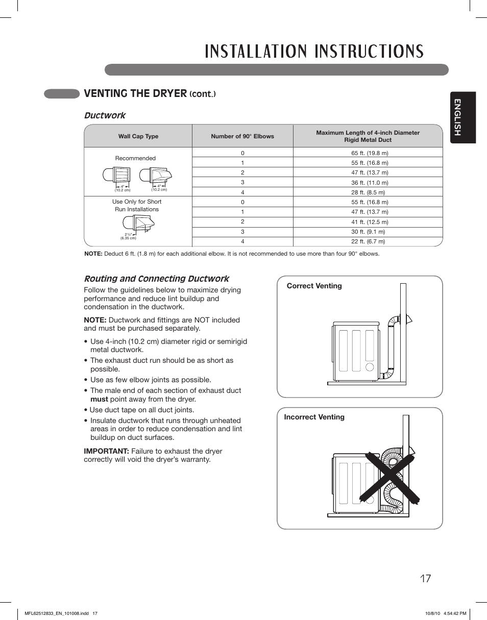 Venting the dryer, English, Routing and connecting ductwork | Ductwork | LG DLGX3361R User Manual | Page 17 / 148
