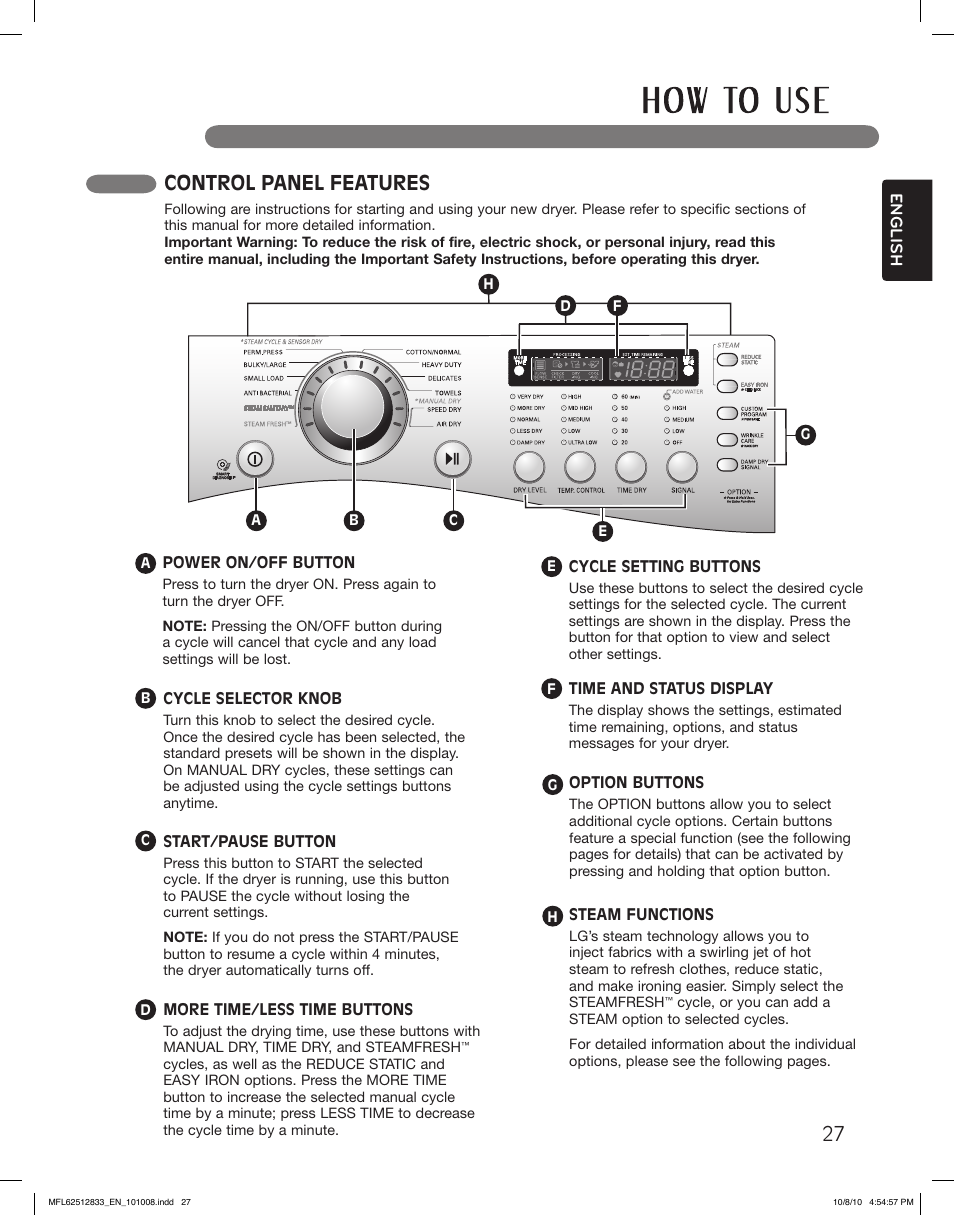 Control panel features | LG DLGX3361R User Manual | Page 27 / 148