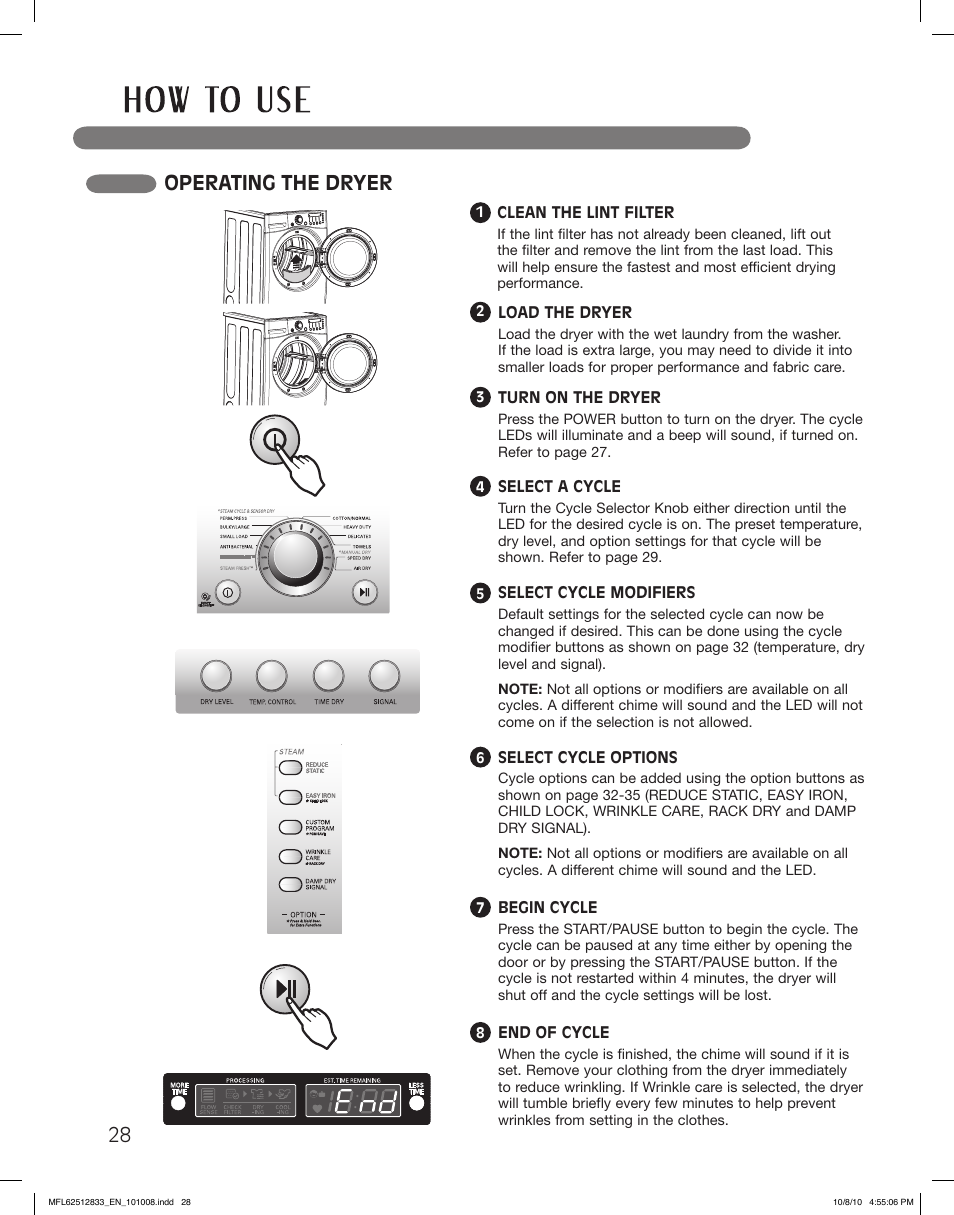 Operating the dryer | LG DLGX3361R User Manual | Page 28 / 148