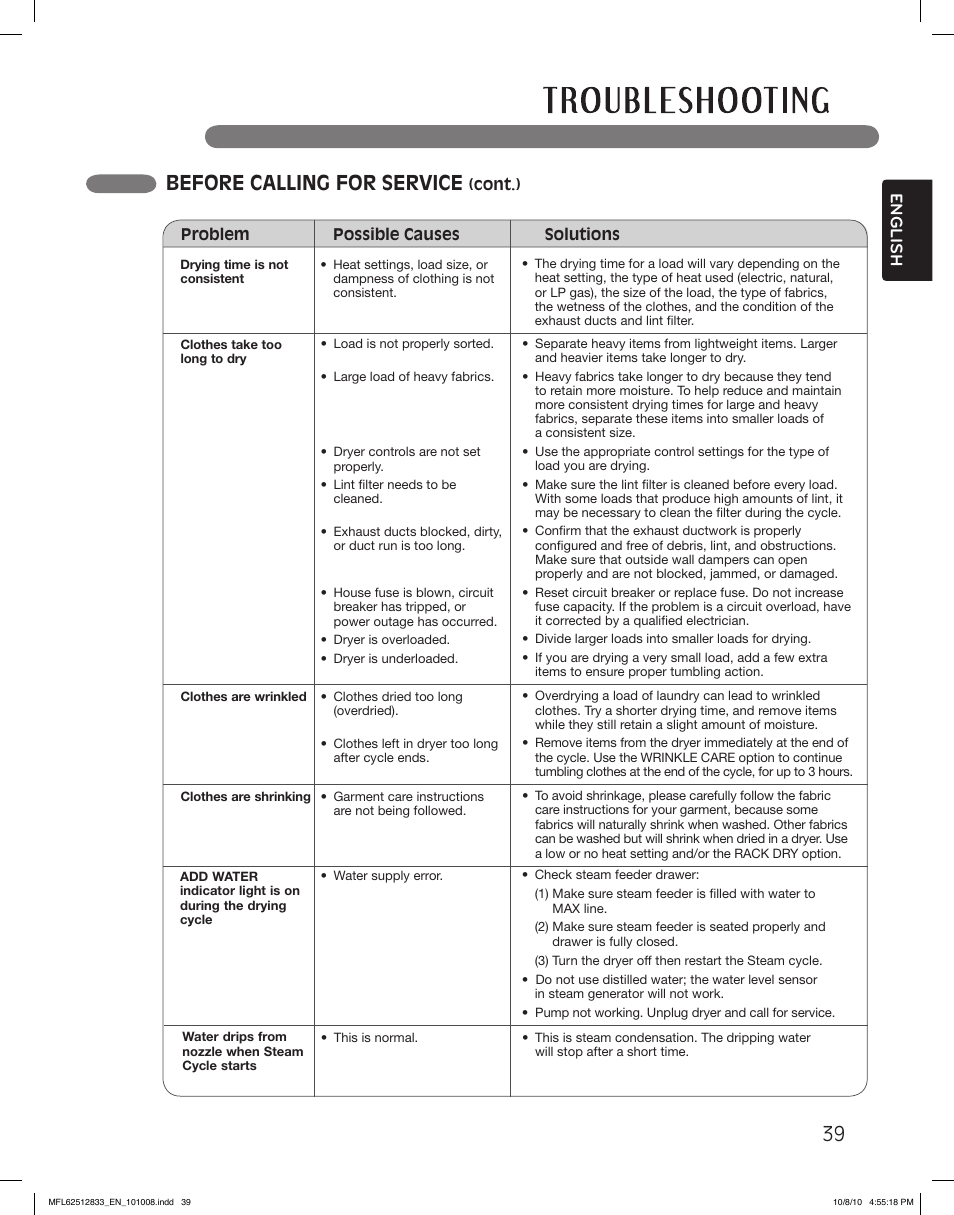 Before calling for service, English | LG DLGX3361R User Manual | Page 39 / 148