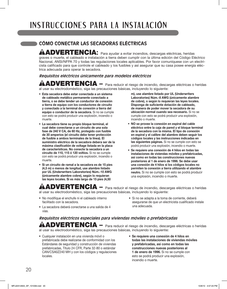 Wadvertencia, Cómo conectar las secadoras eléctricas | LG DLGX3361R User Manual | Page 68 / 148