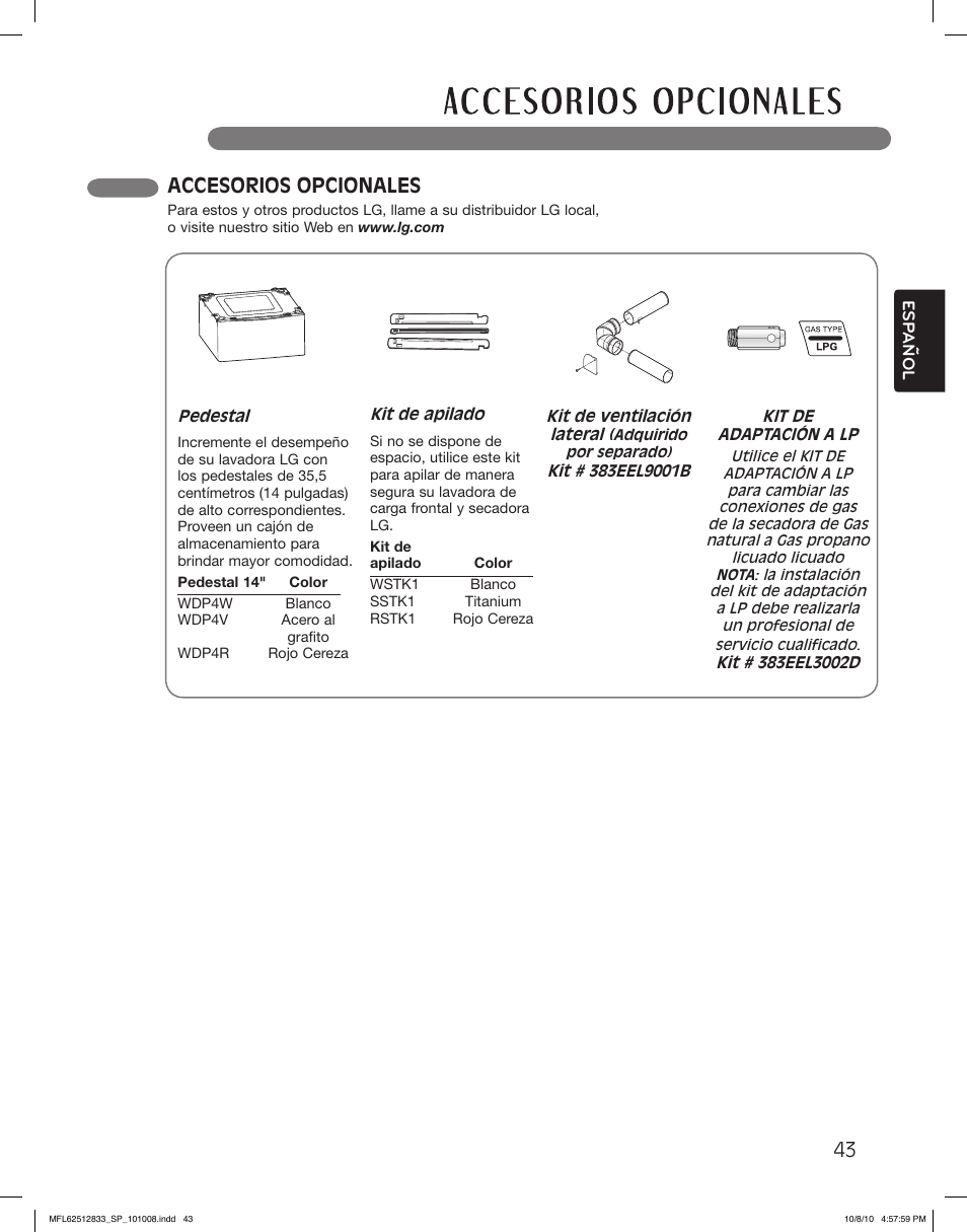 Accesorios opcionales | LG DLGX3361R User Manual | Page 91 / 148