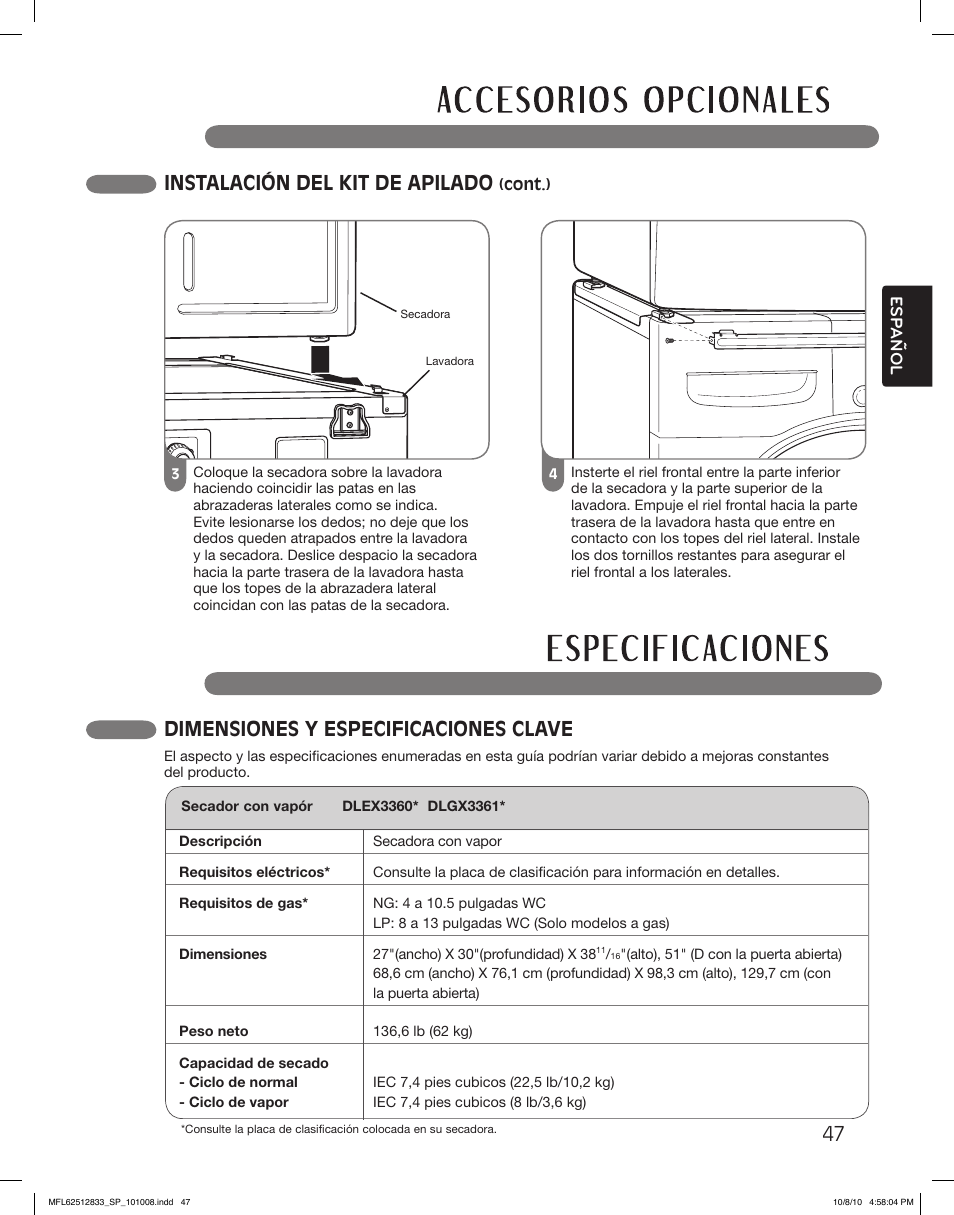 47 instalación del kit de apilado, Dimensiones y especificaciones clave | LG DLGX3361R User Manual | Page 95 / 148
