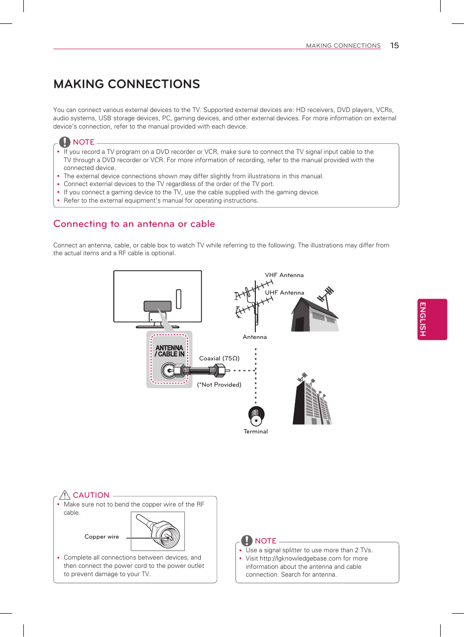 Making connections, Connecting to an antenna or cable | LG 22LN4500 User Manual | Page 15 / 32