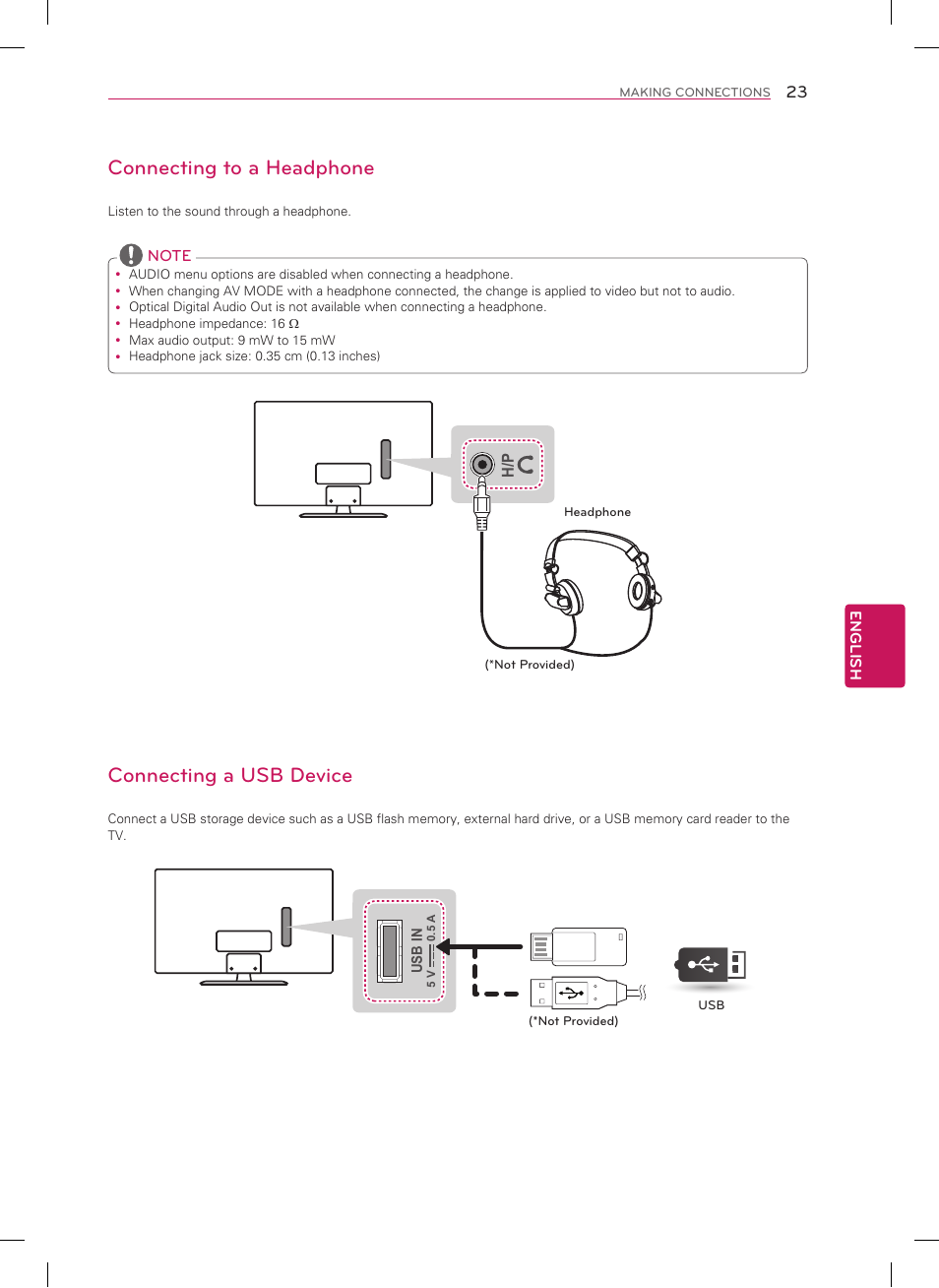 Connecting a usb device, Connecting to a headphone | LG 22LN4500 User Manual | Page 23 / 32